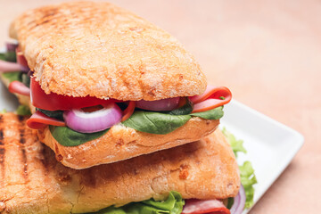 Plate with tasty ciabatta sandwiches on color background, closeup