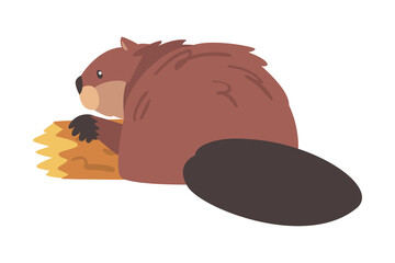 Brown Beaver Gnawing Log, Wild Rodent Mammal Animal Cartoon Vector Illustration
