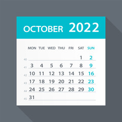 October 2022 Calendar Green Leaf - Vector Illustration. Week starts on Monday