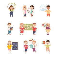 Elementary School Students at Learning Process Set, Cute Boys and Girls Having Chemistry, Biology, Geography Lessons, Kids Education Concept Cartoon Vector Illustration