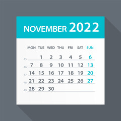 November 2022 Calendar Green Leaf - Vector Illustration. Week starts on Monday