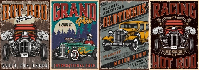 Custom cars vintage colorful posters - obrazy, fototapety, plakaty