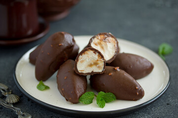 Homemade curd snacks with chocolate .. Selective focus.