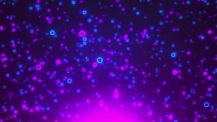 Flickering microscopic circles smoothly scattering in space. Aftermath of supernova 3d render explosion with stardust floating in space. Futuristic molecules in digital festive blur.