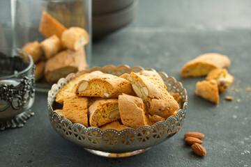 Biscotti - Italian biscuits with almonds. Selective focus.