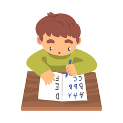 Cute Boy Learning to Write, Elementary School Student Making Homework Cartoon Vector Illustration