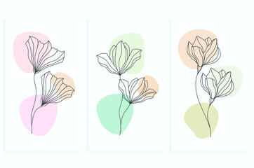 minimalist line art flower illustration with abstract leaves poster design set
