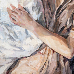Fragment of art.. Woman's hand on bed linen. Oil painting on canvas.