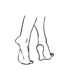Linear drawing of a foot for logo and design. Women's feet. Black and white drawing and stains. Lines of legs, clubs, feet.