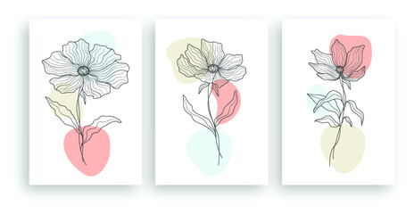 minimalist line art flower illustration with abstract leaves poster design set
