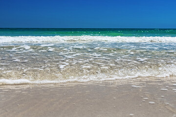 Wonderful view of the lagoon, seashore, white sand beach and blue sea. Djerba Island, Tunisia