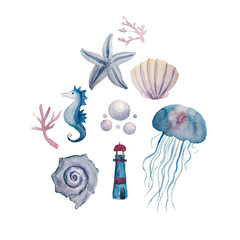 Hand drawn watercolor sea underwaterset isolated on white background. Starfish, seashells, bubbles, lighthouse, jellyfish, seahorse and corals. - obrazy, fototapety, plakaty