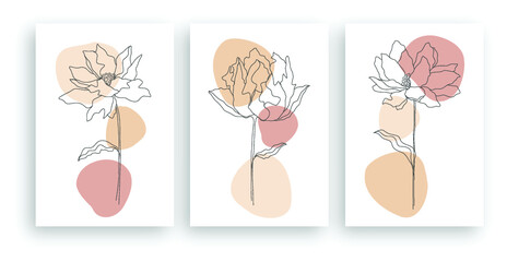 minimalist line art flower illustration with abstract leaves poster design set

