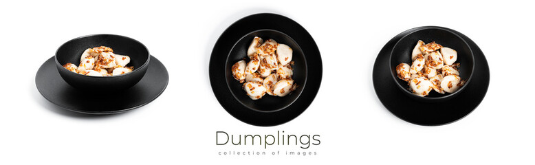 Dumplings with potatoes and fried onions in black plate isolated on a white background.
