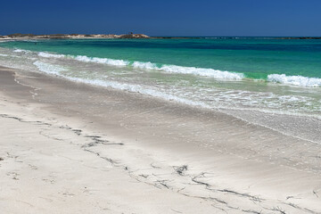 Wonderful view of the lagoon, seashore, white sand beach and blue sea. Djerba Island, Tunisia
