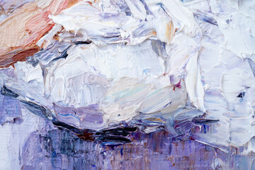 .Embossed pasty oil paints and reliefs. Primary colors: grey, white, violet.  Abstract art. Mix of paints.