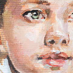 .Portrait of a little cute girl. Child's face on a white background. Oil painting on canvas.
