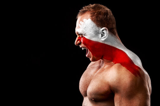 Switzerland fan. Soccer or football athlete with flag bodyart on face. Sport concept with copyspace.