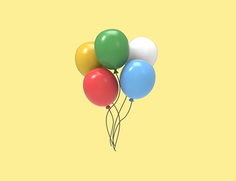 Five colorful Air Balloons isolated yellow background. 3D render design.