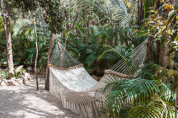 Beautiful hammock in the jungle. Relax in an eco hotel - obrazy, fototapety, plakaty