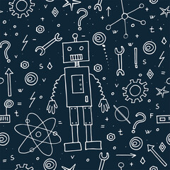 Hand drawn robots seamless pattern. Doodle elements. School board background. Vector print. School blackboard background.
