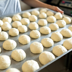 Fototapeta na wymiar Pieces of raw dough on baking sheet. Round buns, cooking process. Baker holding a tray of rising yeast dough. Soft focus. Close up shot.
