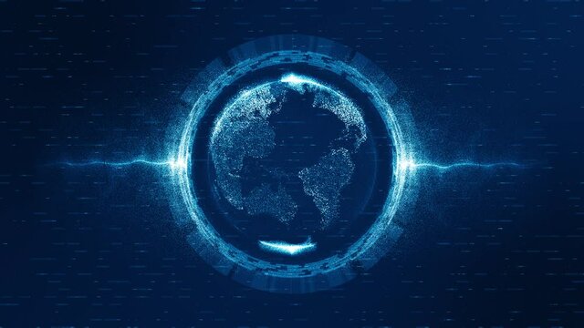 Motion graphic of Blue digital earth sphere futuristic technology icon with blue energy particles ball and circle rotation abstract backgrounds seamless loop video