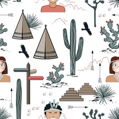 Seamless pattern with Kids in Native Indian headbands, tepee, and cacti. Saguaro, opuntia, and wigwams. Vector illustration