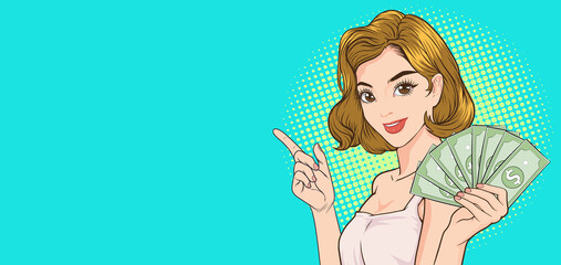 woman showing money and pointing with copy space