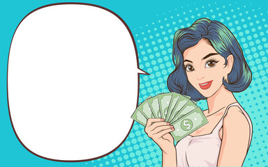 woman showing money and copy space