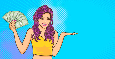 smile woman holding money and copy space