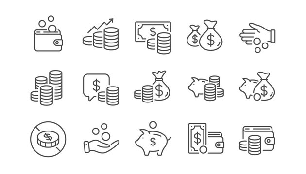 Coins line icons. Cash money, Donation coins, Give tips icons. Piggy bank, Business income, Loan. Money savings, give coin, cash tips. Investment profit, financial growth chart. Linear set. Vector