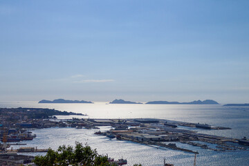 Cies islands and Vigo port seen from the city on a sunny day