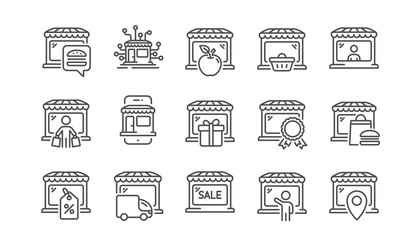 Market store line icons. Online Marketplace, Network Marketing, Wholesale Shop. Store showcase, grocery shop, buyer line icons. Retail seller, fresh market, food delivery. Marketplace app. Vector