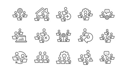 Teamwork line icons. Remote office, Working at home, Online Team worker. Growth chart, Online home job line icons. Remote team work, people study, programmers. Linear set. Quality line set. Vector
