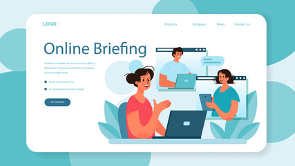 Briefing web banner or landing page. Business people in front of co-workers