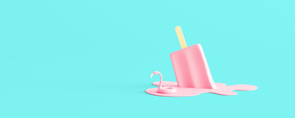 The pink ice cream on the stick is melting and flamingo life belt are floating on it. Creative minimal summer concept on pastel blue background. 3d render 3d illustration