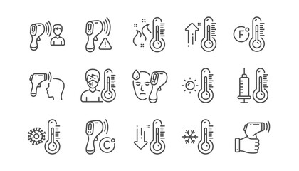 Temperature line icons. Fever diagnostic, Thermometer and Check body temperature. Coronavirus control, flu check, disease inspect line icons. 2019-ncov protective measures, body heat. Vector
