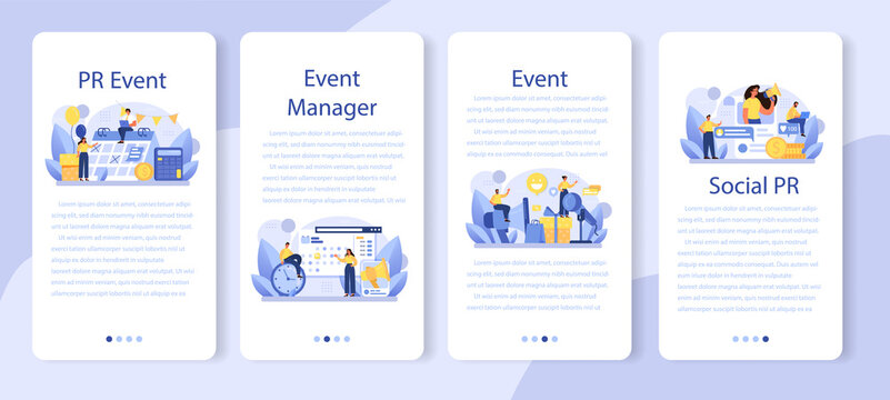 PR event mobile application banner set. Celebration or meeting organization
