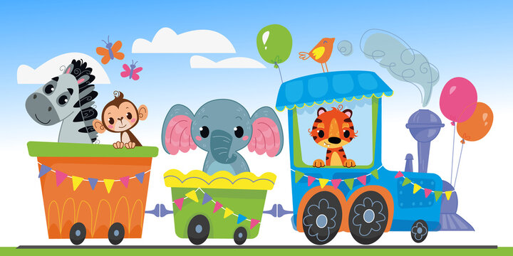 Cartoon steam locomotive with cute animals rides against the blue sky. Banner with railway transport and African animals elephant, tiger, zebra and monkey. Cute cartoon print illustration for toddler