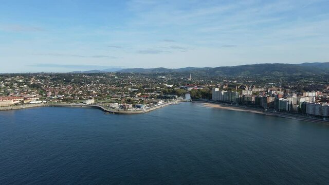 View Gijon/Xixon  aerial drone. Gijón or Xixón is the biggest city in Asturias, Spain. [4K]