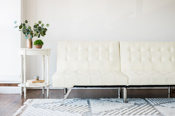 white couch in waiting area with rug