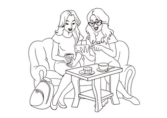 Two girls are sitting on the couch and looking at the phone. Meeting with a friend at home. Black line coloring. Vector illustration in cartoon children s style. Isolated clipart