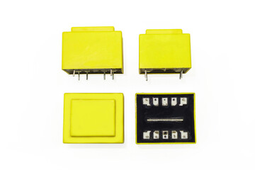 Solid-state relays of common purpose. Top, bottom and side views. White background