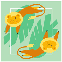 Vector illustration of two lions on a postcard. King of beasts. Lions on palm leaves. Postcard with lions. Green postcard.