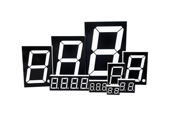LED digital indicators arranged by size in conceptual view on white background