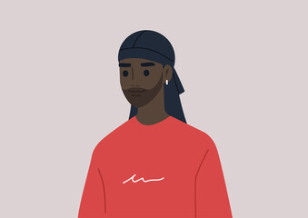 A young male Black character wearing a durag headpiece, African modern culture