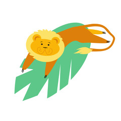 Vector illustration of a lion. King of beasts. Lion on a palm leaf. Isolated. Children's illustration of a lion.