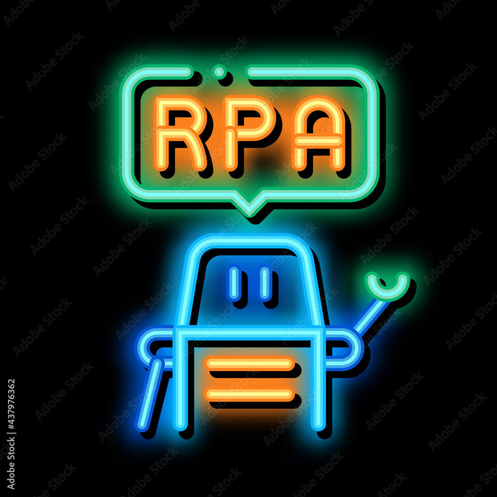Poster process automation robot neon light sign vector. glowing bright icon process automation robot sign. 