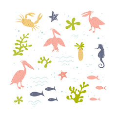 Vector set of pink pelicans and sea items. Marine theme. Hand drawn illusatration.